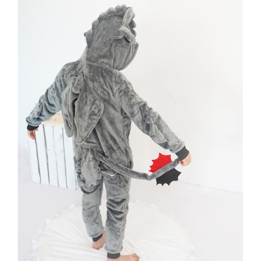 Szara PIŻAMA jednoczęściowa SMOK z ogonem i kapturem kigurumi