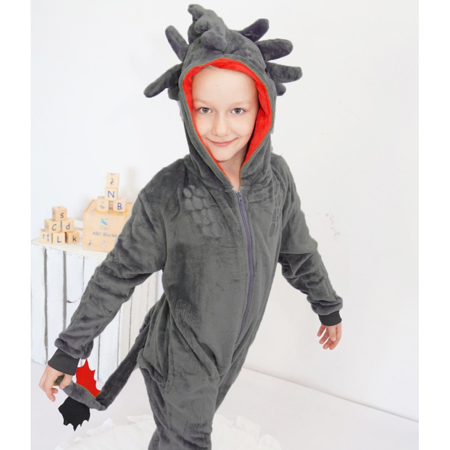 Grafit PIŻAMA jednoczęściowa SMOK z ogonem i kapturem kigurumi