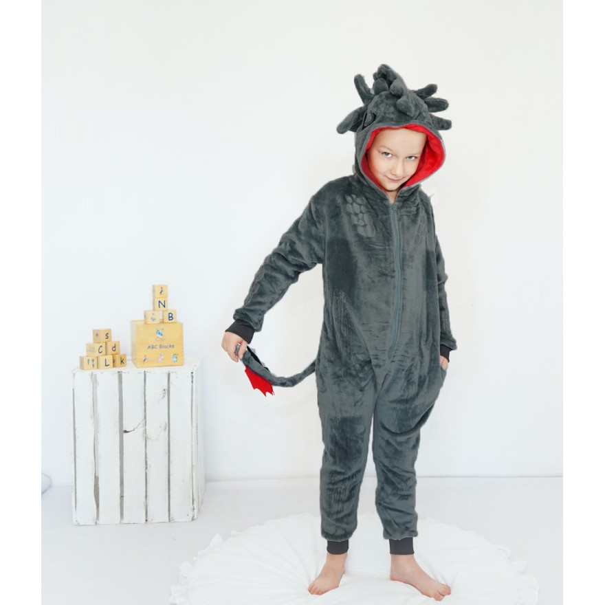 Grafit PIŻAMA jednoczęściowa SMOK z ogonem i kapturem kigurumi