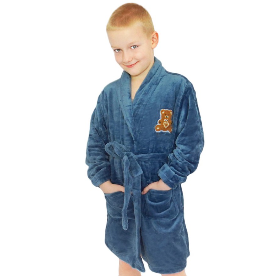 Niebieski ciepły SZLAFROK dziecięcy z misiem