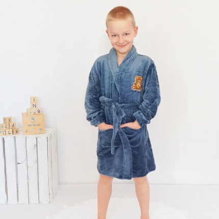 Niebieski ciepły SZLAFROK dziecięcy z misiem