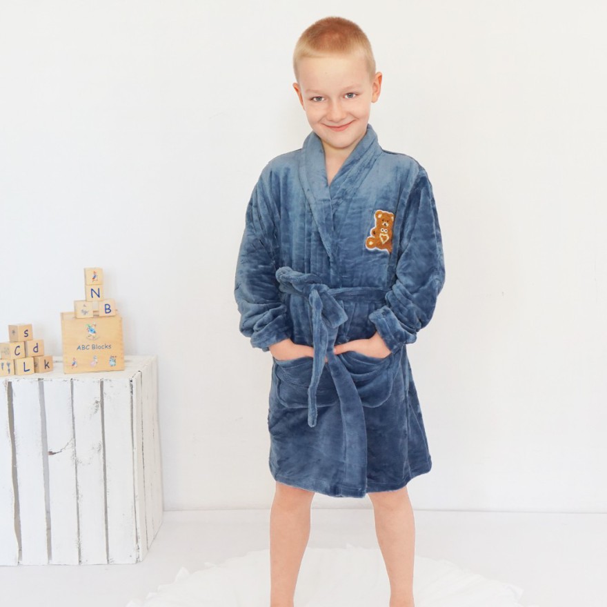 Niebieski ciepły SZLAFROK dziecięcy z misiem