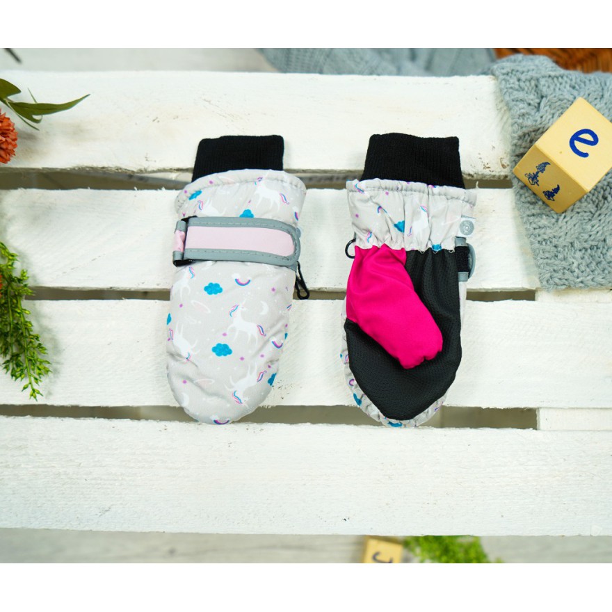 Szaro- różowe rękawiczki na śnieg narty JEDNOROŻCE 1P r.74-92