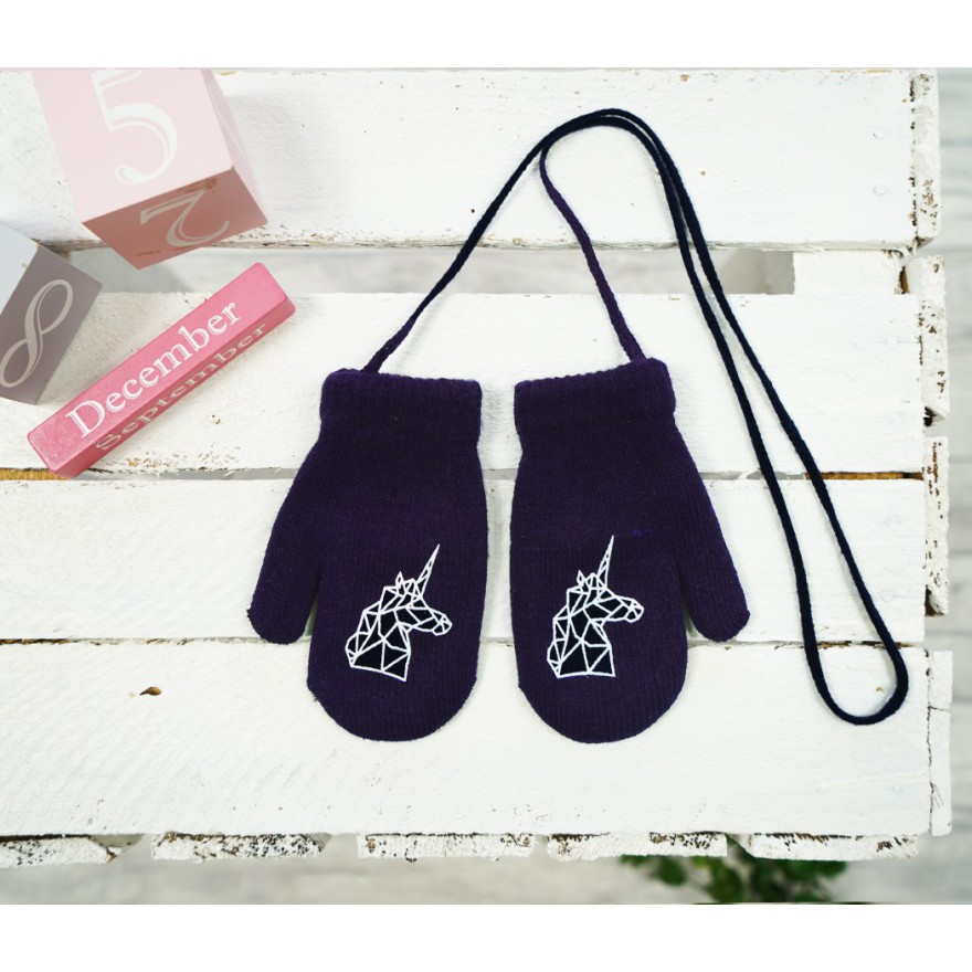 Granatowe RĘKAWICZKI 1P ciepłe na sznurku JEDNOROŻEC r. 110-134