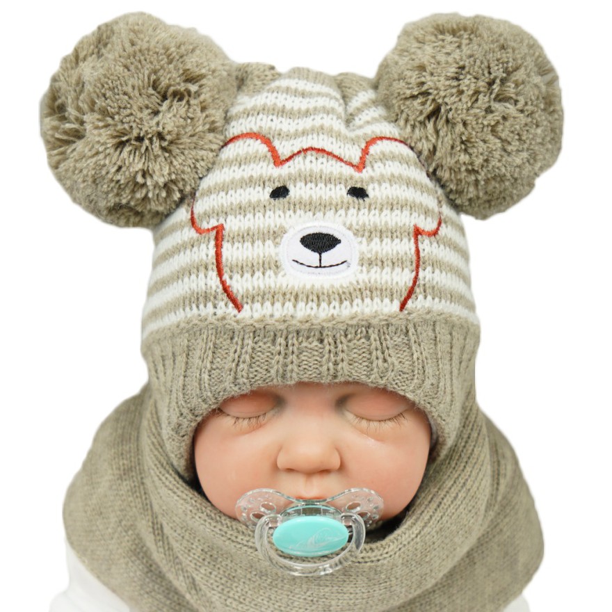 Beżowy komplet zimowy czapka MIŚ + komin