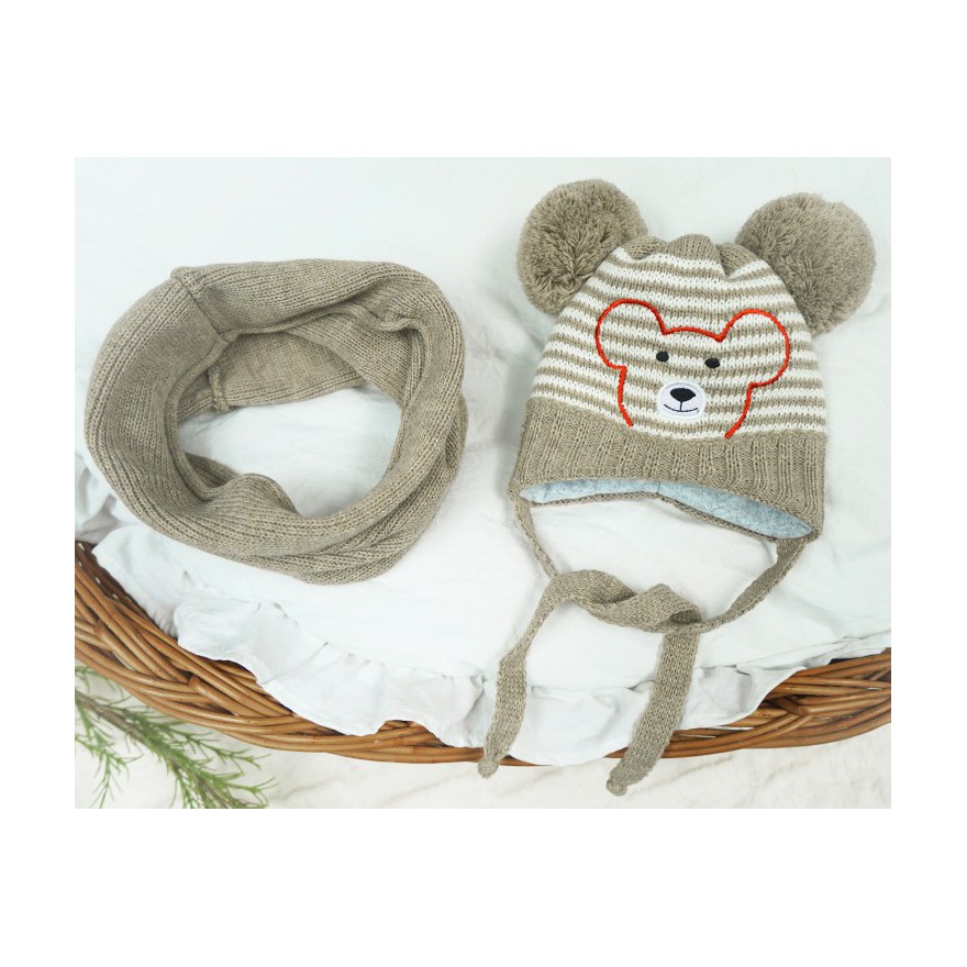 Beżowy komplet zimowy czapka MIŚ + komin