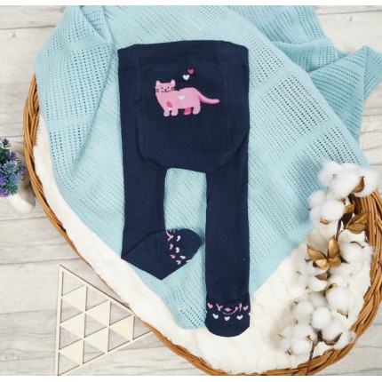 RAJSTOPY dziecięce granatowe różowy kot wzór 662