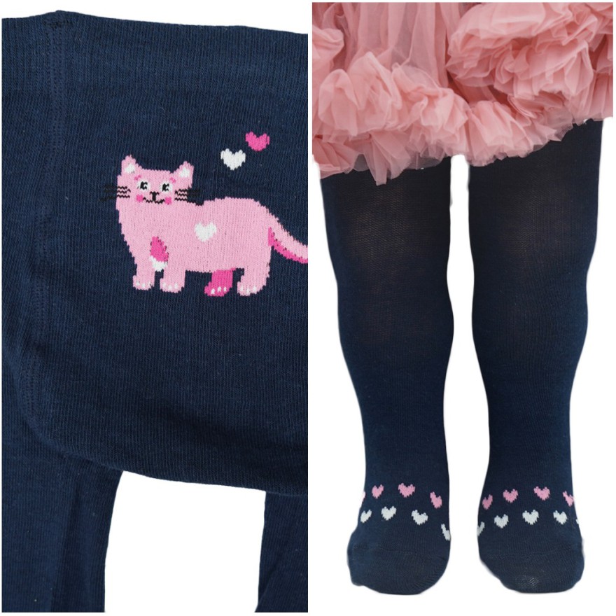 RAJSTOPY dziecięce granatowe różowy kot wzór 662