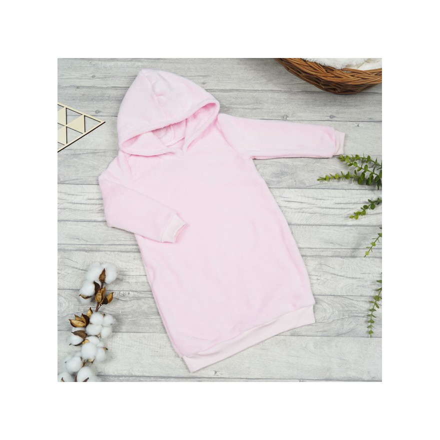 Różowa SUKIENKA pluszowa ciepła tunika gładka z kapturem