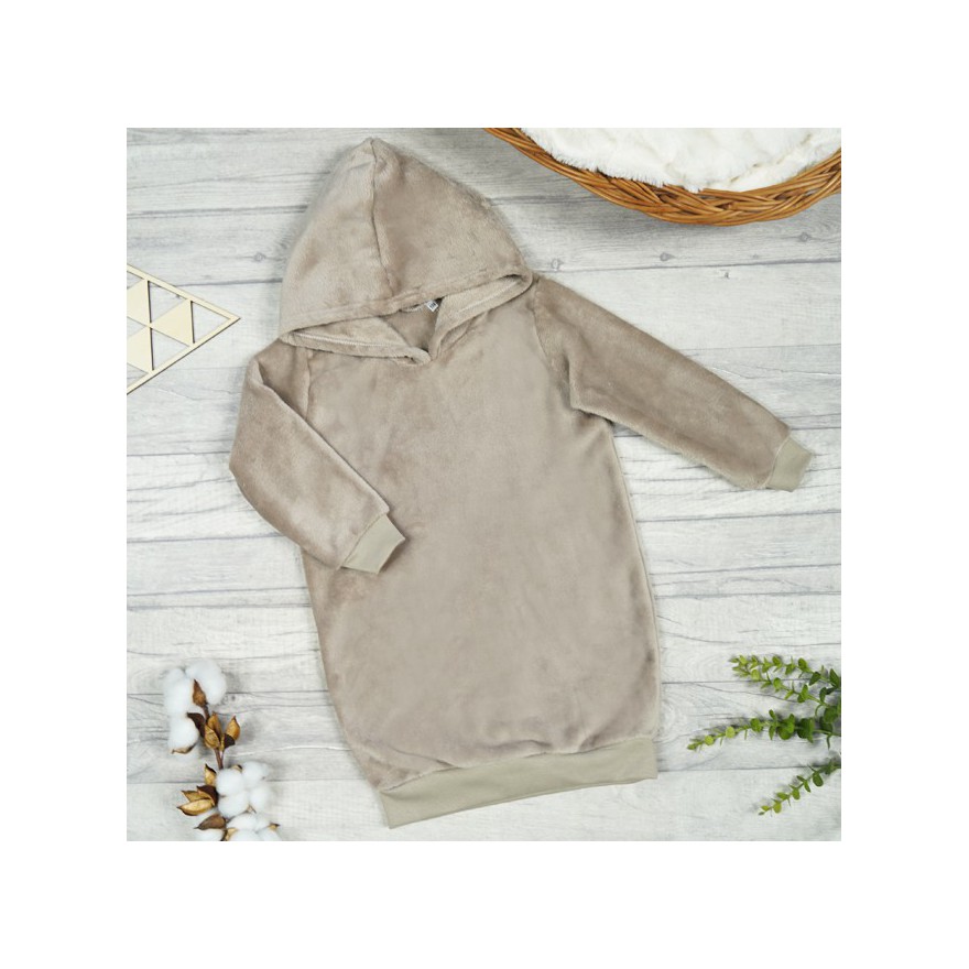 Beżowa SUKIENKA pluszowa ciepła tunika gładka z kapturem