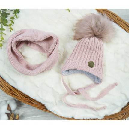 Różowy komplet zimowy SÓWKA czapka + komin z pomponem
