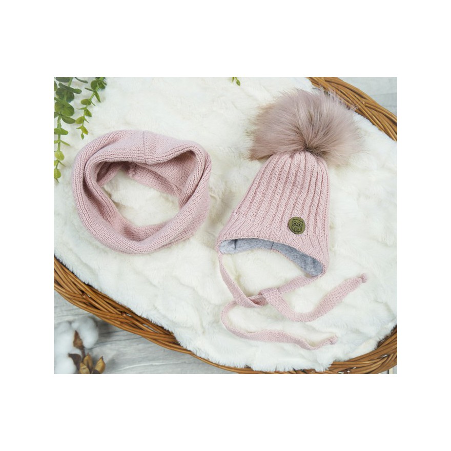 Różowy komplet zimowy SÓWKA czapka + komin z pomponem