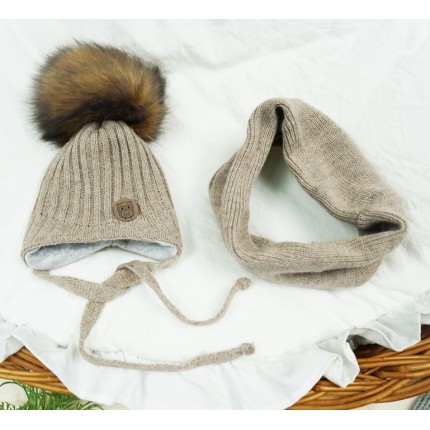 Beżowy komplet zimowy SÓWKA czapka + komin z pomponem