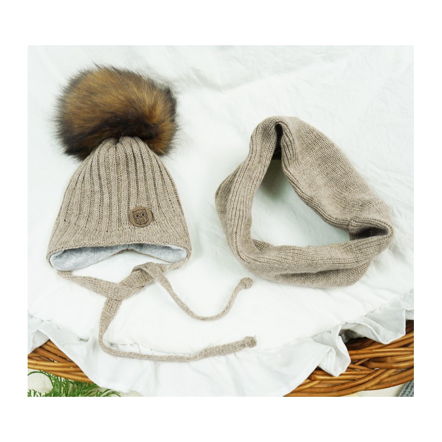 Beżowy komplet zimowy SÓWKA czapka + komin z pomponem