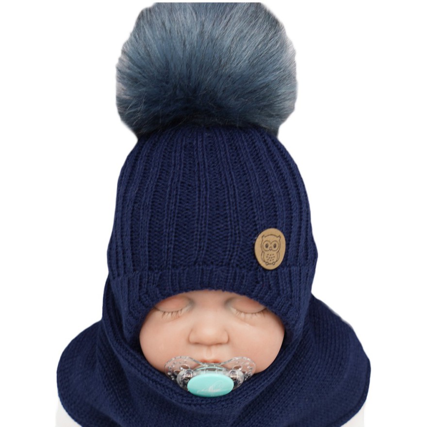 Granatowy komplet zimowy SÓWKA czapka + komin z pomponem
