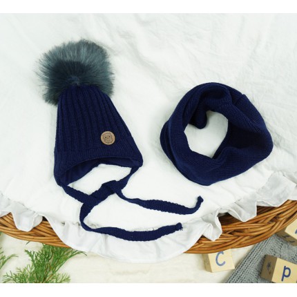 Granatowy komplet zimowy SÓWKA czapka + komin z pomponem