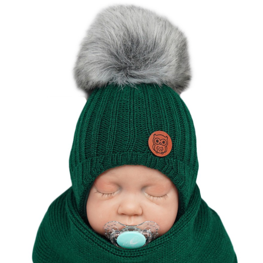 Butelkowy komplet zimowy SÓWKA czapka + komin z pomponem