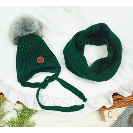 Butelkowy komplet zimowy SÓWKA czapka + komin z pomponem