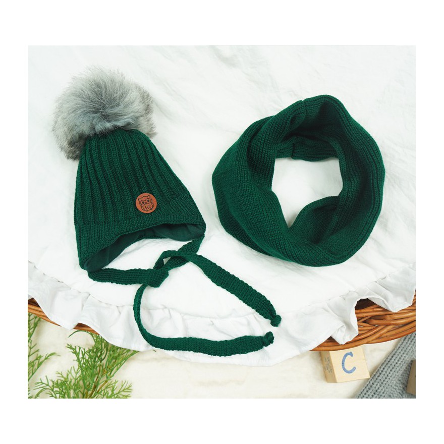 Butelkowy komplet zimowy SÓWKA czapka + komin z pomponem