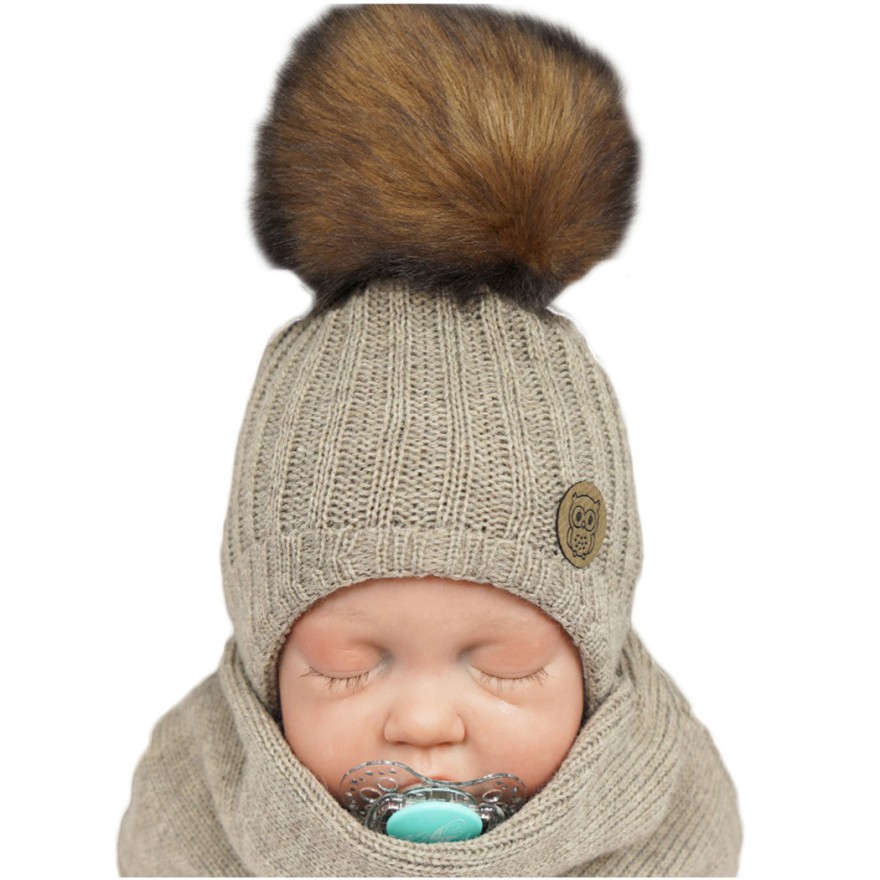 Beżowy komplet zimowy SÓWKA czapka + komin z pomponem