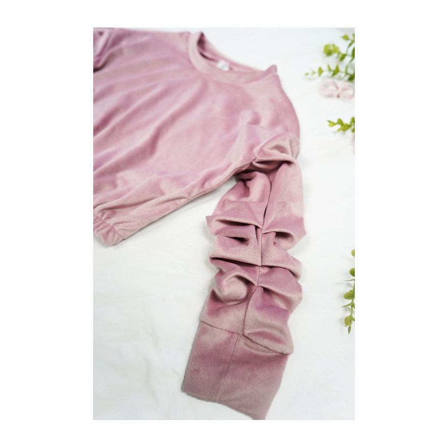 Różowa BLUZKA welurowa z ozdobnym rękawem koszulka dziewczęca