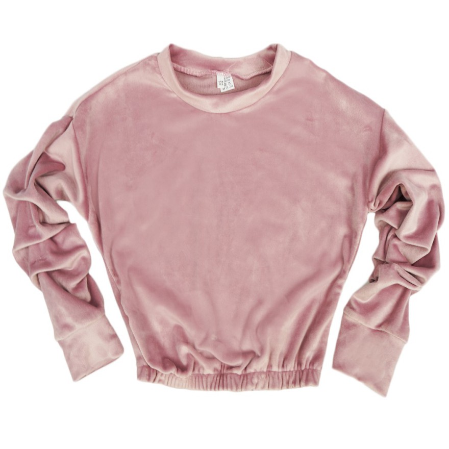 Różowa BLUZKA welurowa z ozdobnym rękawem koszulka dziewczęca