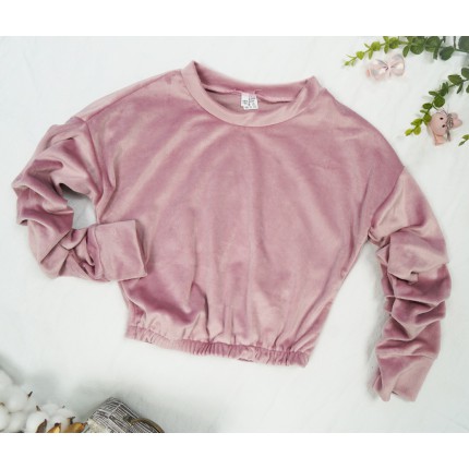 Różowa BLUZKA welurowa z ozdobnym rękawem koszulka dziewczęca
