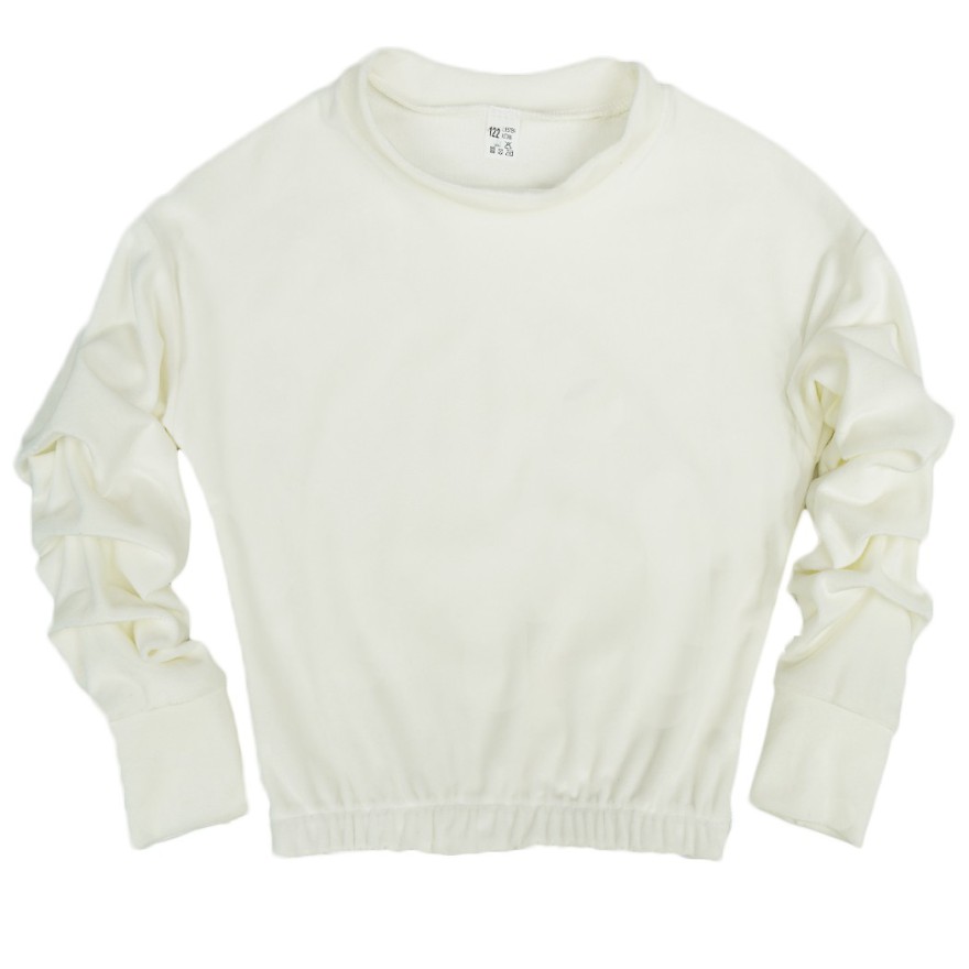 Ecru BLUZKA welurowa z ozdobnym rękawem koszulka dziewczęca