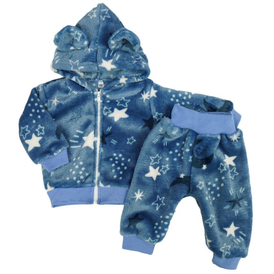 Niebieski komplet GWIAZDKI ciepły plusz BLUZA + SPODNIE uszy