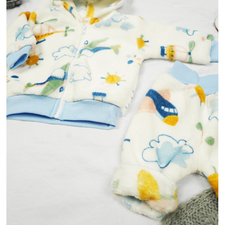 Biały komplet SAMOLOTY ciepły plusz BLUZA + SPODNIE uszy