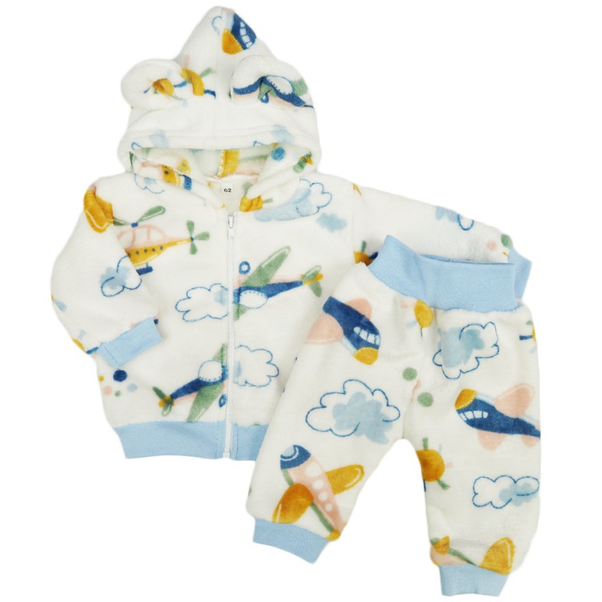 Biały komplet SAMOLOTY ciepły plusz BLUZA + SPODNIE uszy