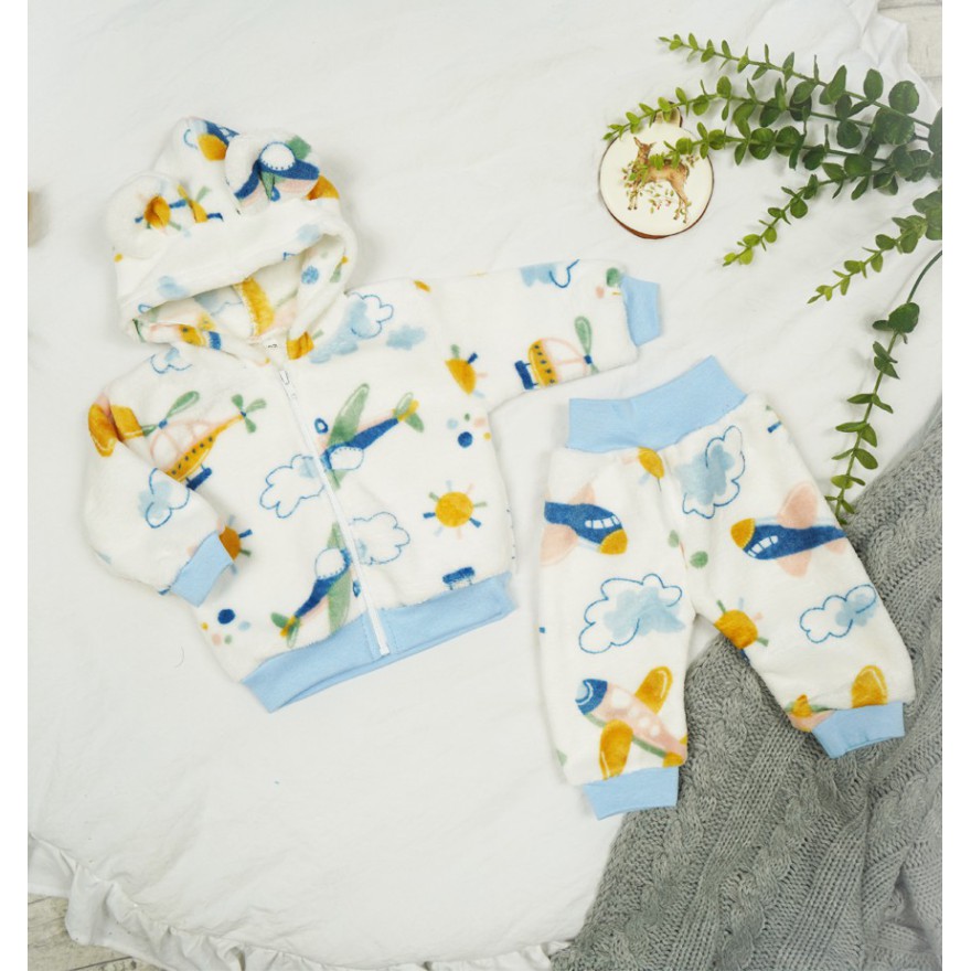 Biały komplet SAMOLOTY ciepły plusz BLUZA + SPODNIE uszy