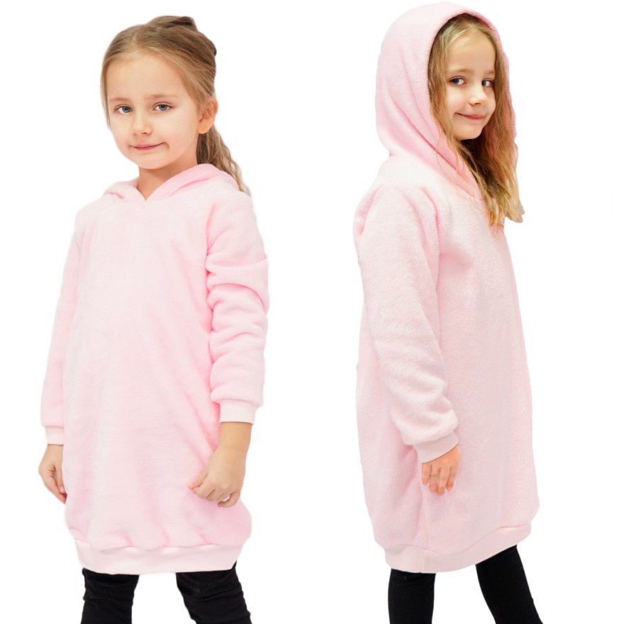 Różowa SUKIENKA pluszowa ciepła tunika gładka z kapturem