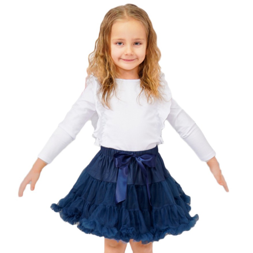 Puszysta granatowa SPÓDNICZKA tiulowa z falbankami, szkoła