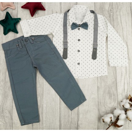KOMPLET DLA CHŁOPCA koszula szare gwiazdki, spodnie, muszka, szelki święta