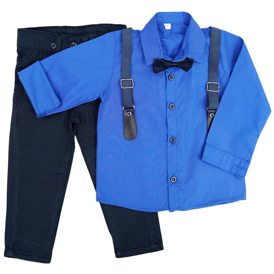 KOMPLET DLA CHŁOPCA koszula chabrowa, spodnie granatowe, muszka, szelki święta
