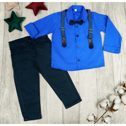 KOMPLET DLA CHŁOPCA koszula chabrowa, spodnie granatowe, muszka, szelki święta