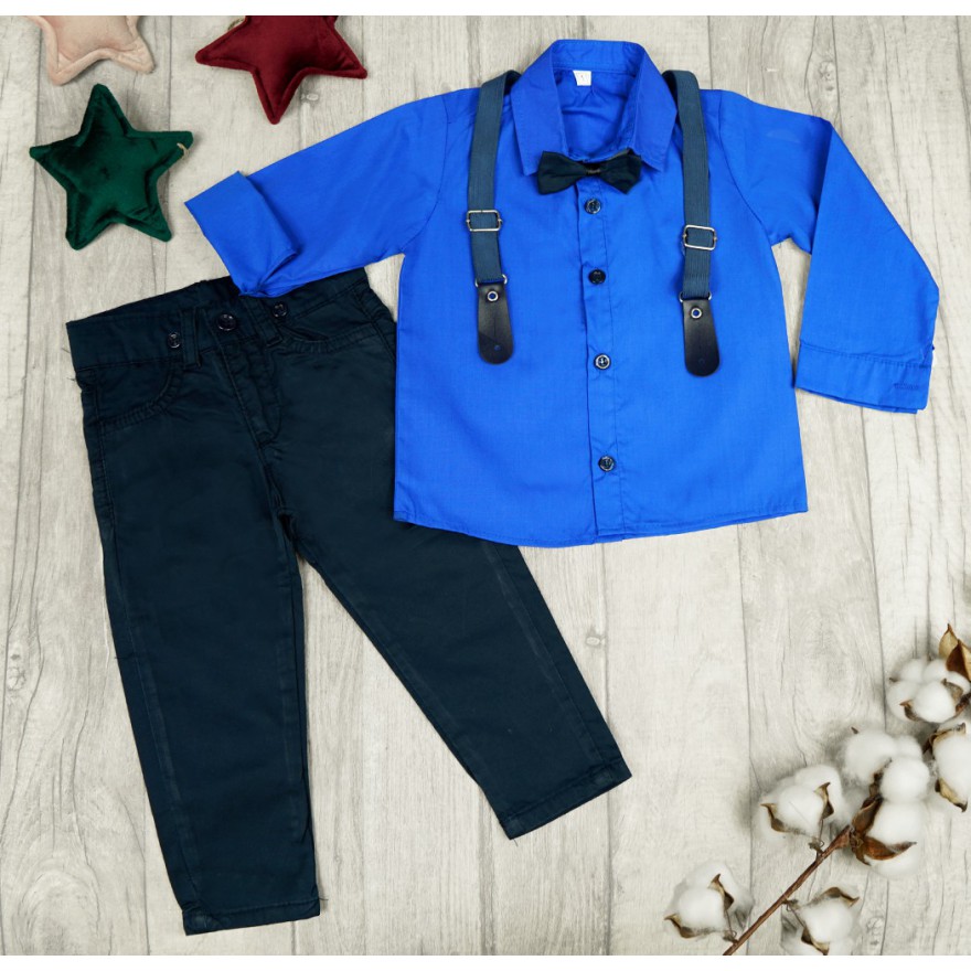 KOMPLET DLA CHŁOPCA koszula chabrowa, spodnie granatowe, muszka, szelki święta
