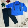 KOMPLET DLA CHŁOPCA koszula chabrowa, spodnie granatowe, muszka, szelki święta