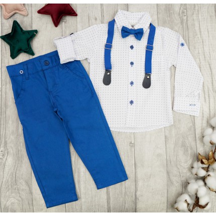 KOMPLET DLA CHŁOPCA koszula niebieskie kółka, spodnie, muszka, szelki święta