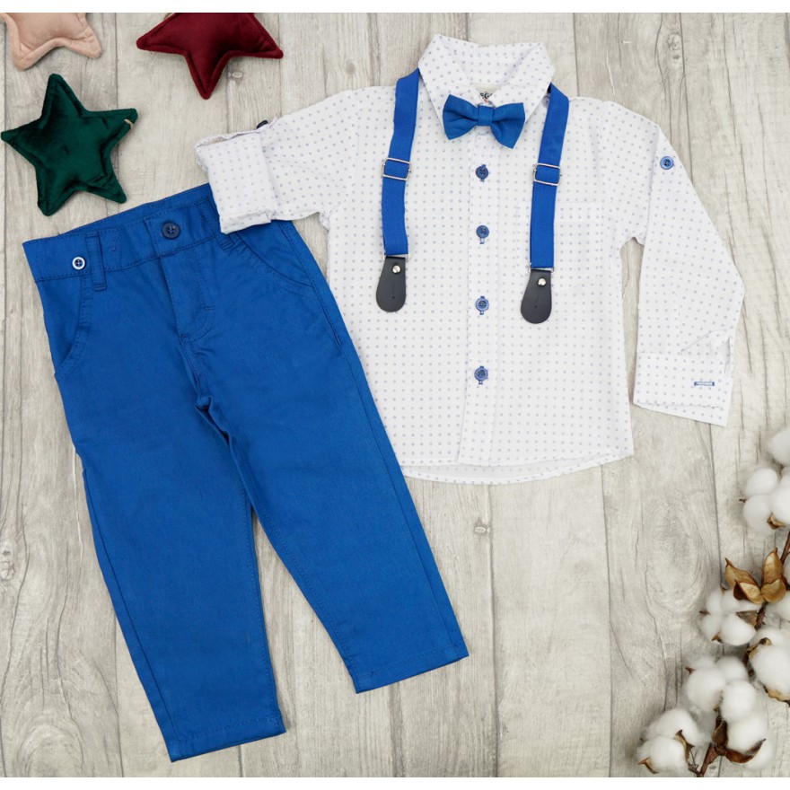 KOMPLET DLA CHŁOPCA koszula niebieskie kółka, spodnie, muszka, szelki święta