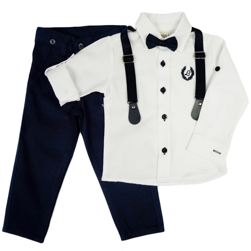 KOMPLET DLA CHŁOPCA koszula z haftem, spodnie, muszka, szelki święta