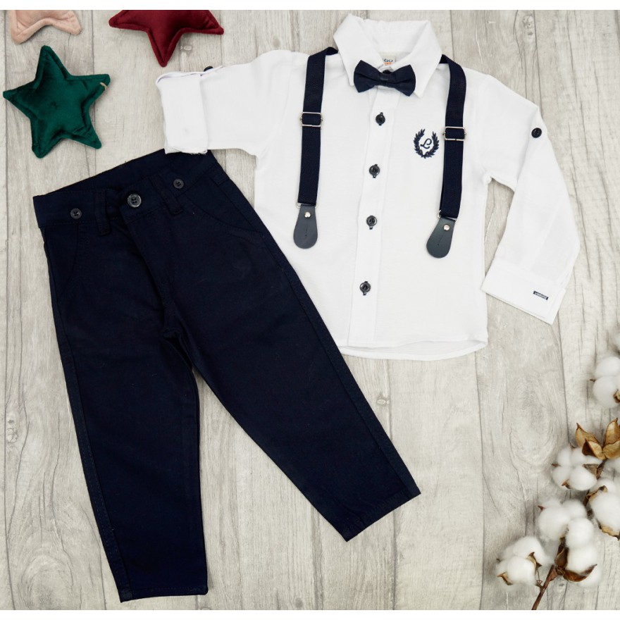 KOMPLET DLA CHŁOPCA koszula z haftem, spodnie, muszka, szelki święta