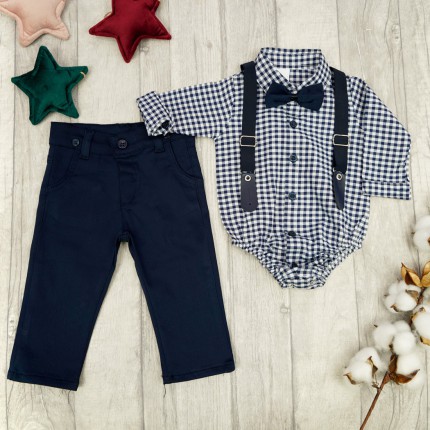 KOMPLET DLA CHŁOPCA body- koszula w kratkę granat, spodnie, muszka, szelki