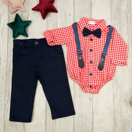 KOMPLET DLA CHŁOPCA body- koszula w kratkę czerwień, spodnie, muszka, szelki święta