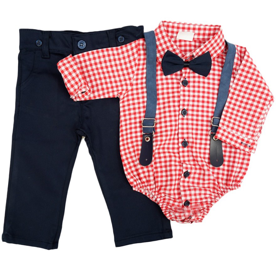KOMPLET DLA CHŁOPCA body- koszula w kratkę czerwień, spodnie, muszka, szelki święta