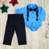 KOMPLET DLA CHŁOPCA body- koszula niebieska, spodnie, muszka, szelki