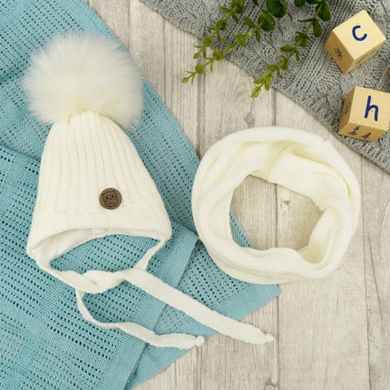 Ecru komplet zimowy SÓWKA czapka + komin z pomponem