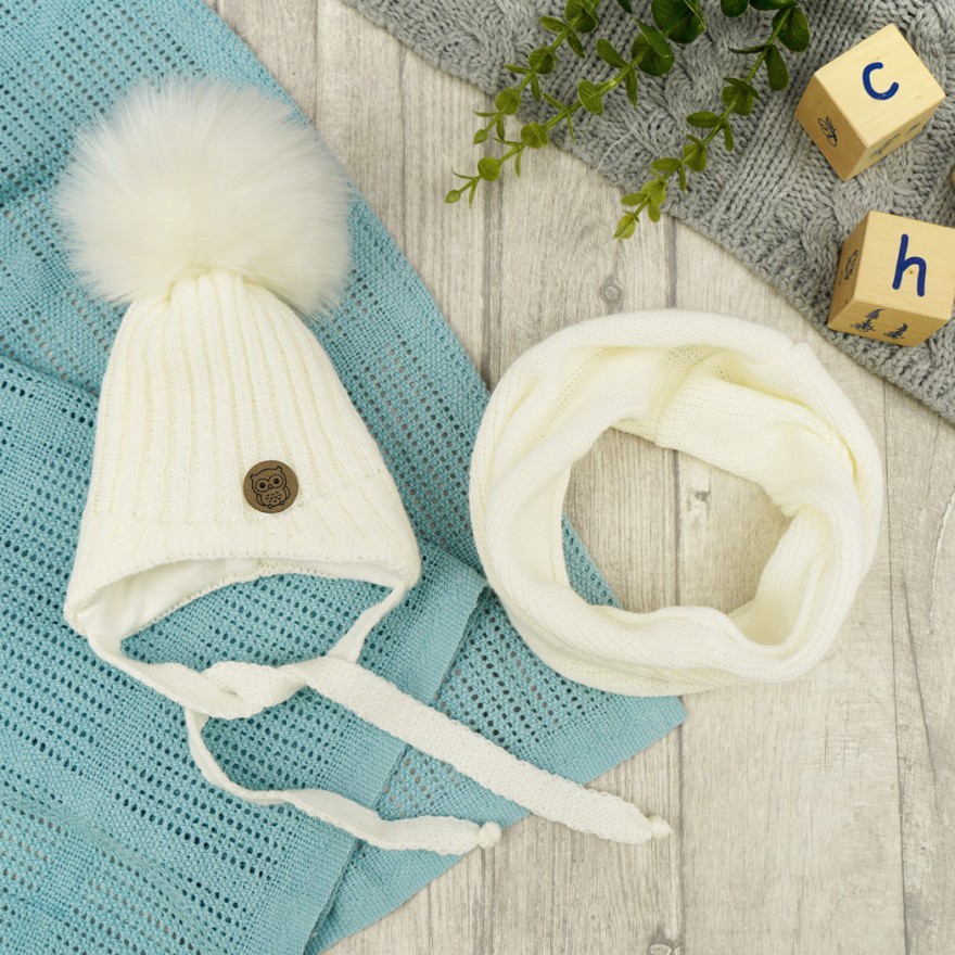 Ecru komplet zimowy SÓWKA czapka + komin z pomponem