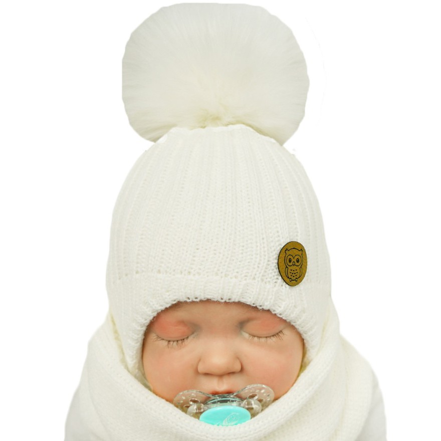 Ecru komplet zimowy SÓWKA czapka + komin z pomponem